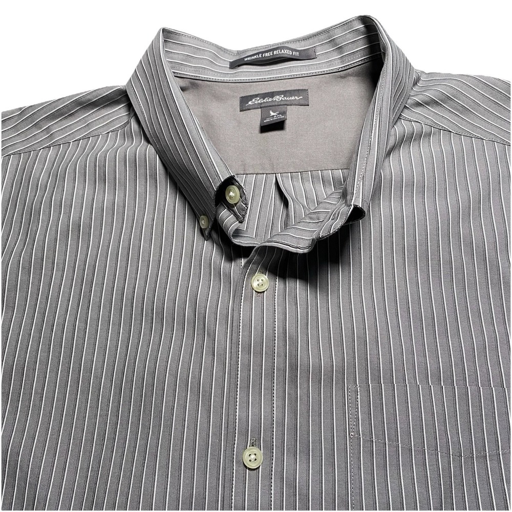 Eddie Bauer Shirt 2XL Mens L/S Button Down Gray Striped Wrinkle Free Relaxed Fit